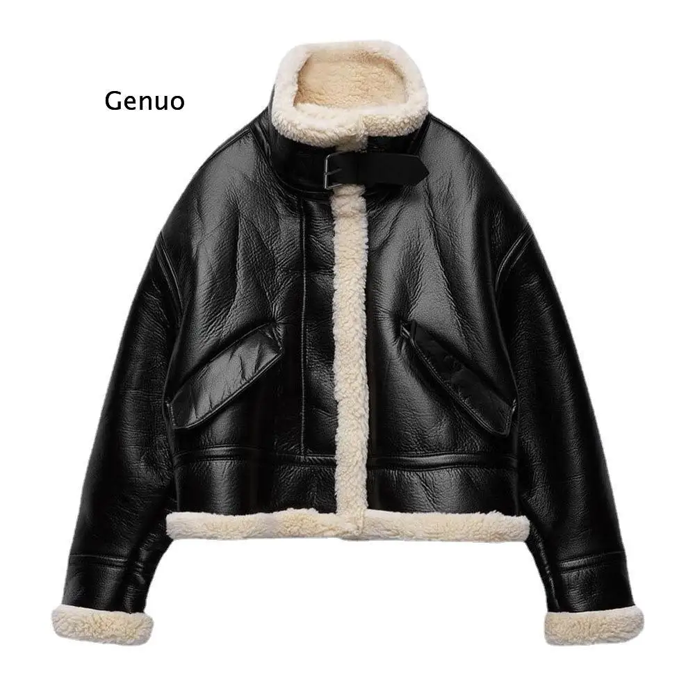 Faux Fur Leather Jacket Women Wool Coat Winter PU Leather Coat Thick Warm Parka Suede Lambswool Coat Female Motorcycle Clothing