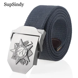 SupSindy Men Soviet Canvas Belt 3D Great Patriotic War Memorial Metal Buckle Tactical Belts CCCP Army Male Strap Jeans Waistband