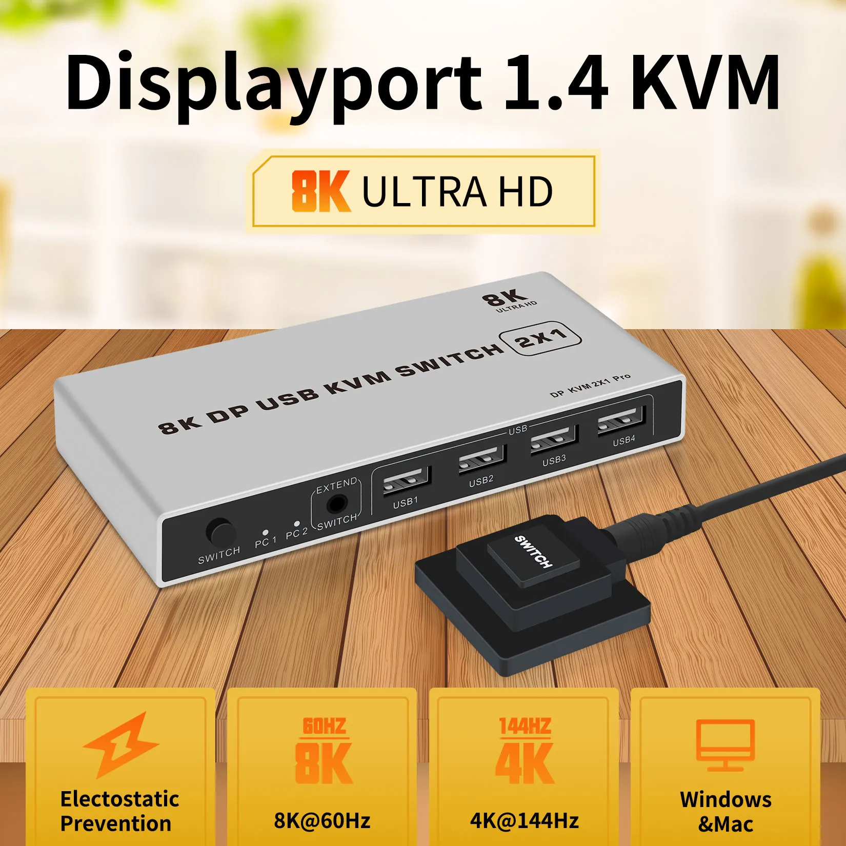 8K Displayport KVM Switch 4K@144hz 2-port USB KVM 8K Displayport 1.4 Switch KVM Dp switch mouse&keyboad supported