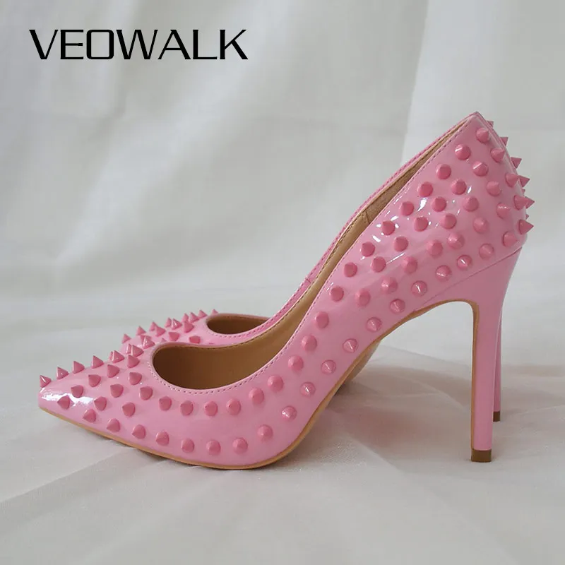 

Veowalk Light Pink Women Rivets Pointy Toe High Heels Sexy Ladies Slip On Stilettos Pumps Chic Spikes Heeled Party Shoes