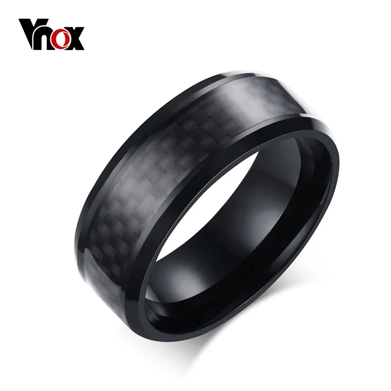 Vnox Black Carbon Fiber Punk Ring For Men 8mm Stainless Steel Wedding Mens Rings Jewelry