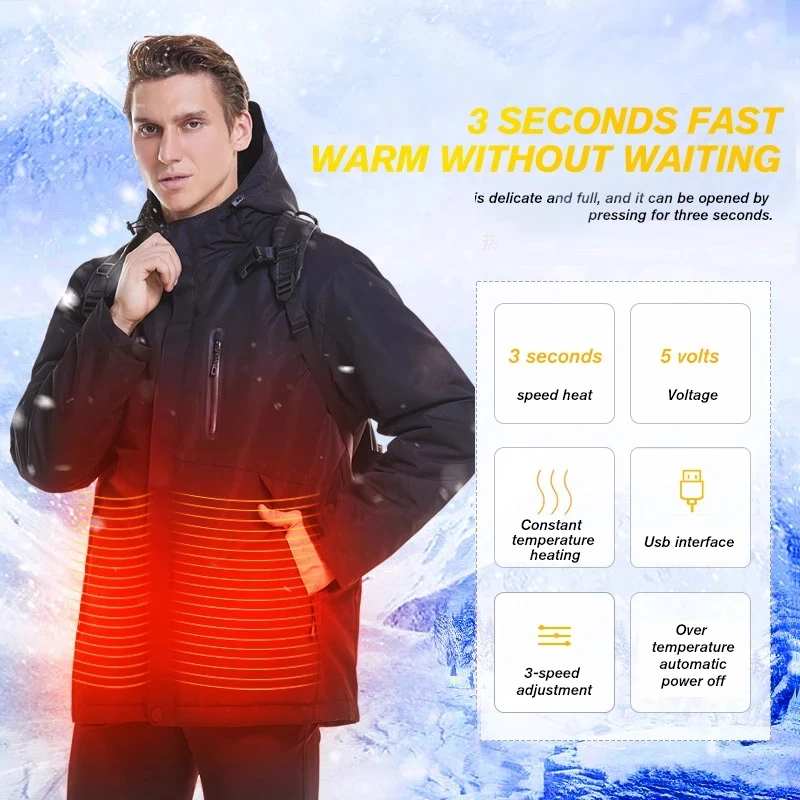 

Nice Winter Men Thermal Heating Jacket USB Battery Heated Jackets Outdoor Hiking Windproof Waterproof Heated Clothing