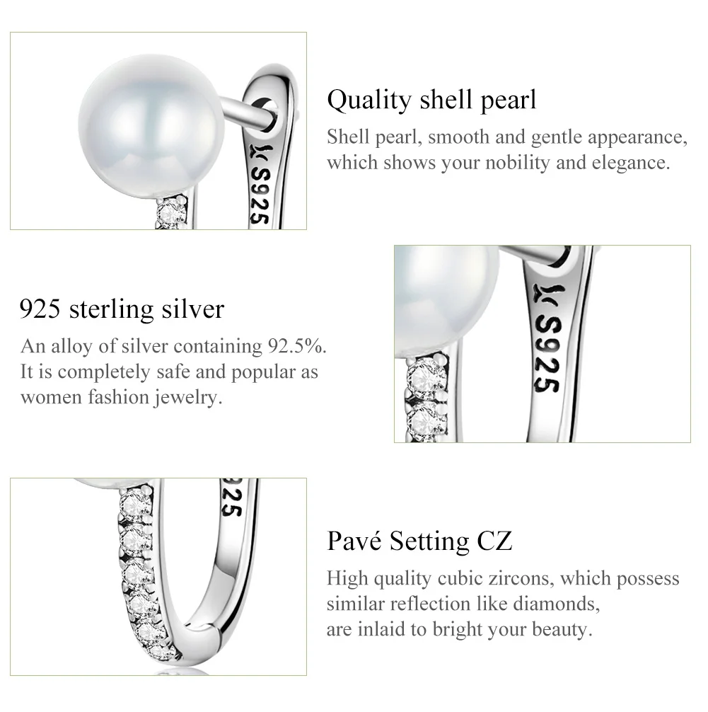 bamoer Luxury 925 Sterling Silver Pearls Ear Buckle Simple Crystal Heart Star Stud Earrings for Women Wedding Jewelry Gift