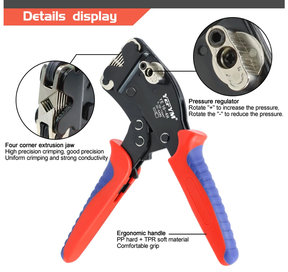 Aderendhülsen-Crimpzange YE 16-4H Rohrklemmen 0,08–16 mm2/30–5 AWG Mini-Zange, Einstellknopf zur Steuerung elektrischer Klemmen YEFYM – Detail 7