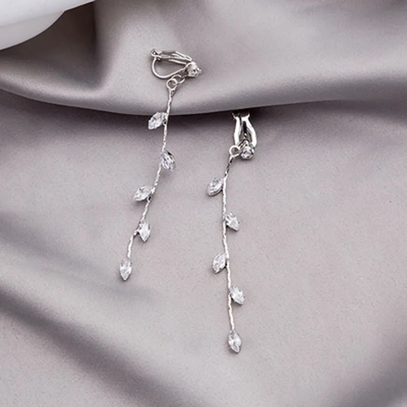 Hot New Silver Color Needle Willow Leaf Clip Earrings Fashion Jewelry Temperament Simple Long Tassel Earrings For Women Gift