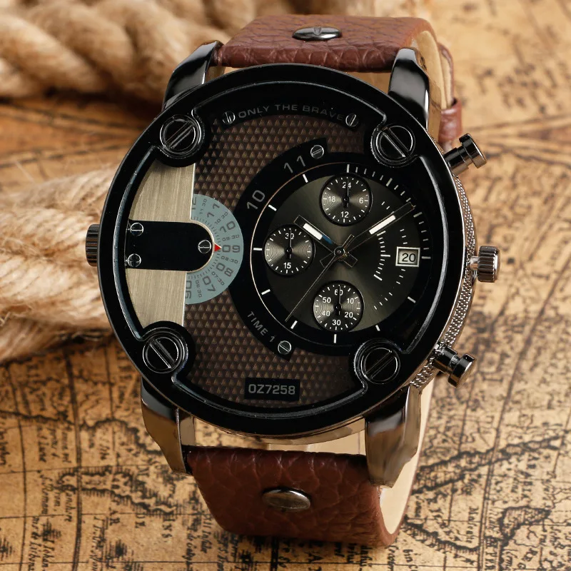 New Men Wristwatch Men Sports Watches Fashion Military Army Two Time Zones Quartz Watches Leather horloge mannen montres homme