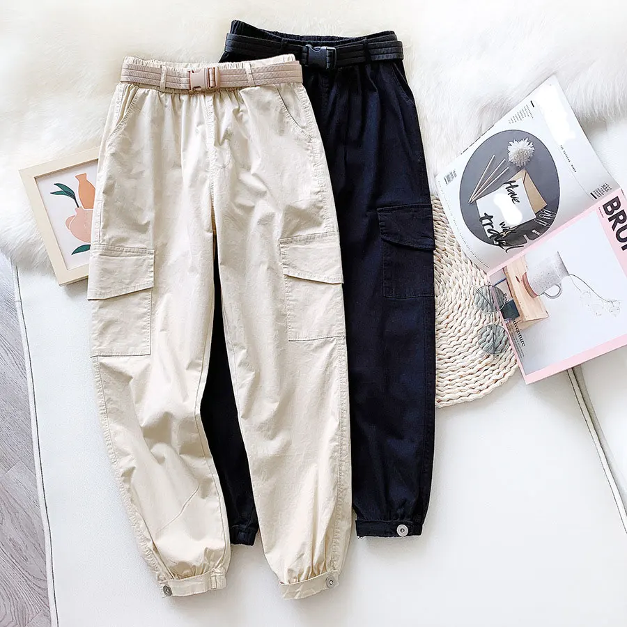 

New Summer Women Pants Elastic High Waist Solid Cargo Pants With Belt Casual Loose Trousers Femme Ankle-Length Pants High Street