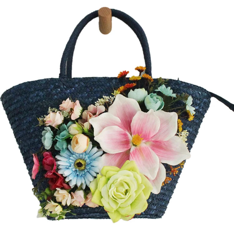 High-end Customized Women Flower Straw Handbag and Hat Suit Colorful Artificial Flower Wave Rattan Summer Beach Holiday Tote