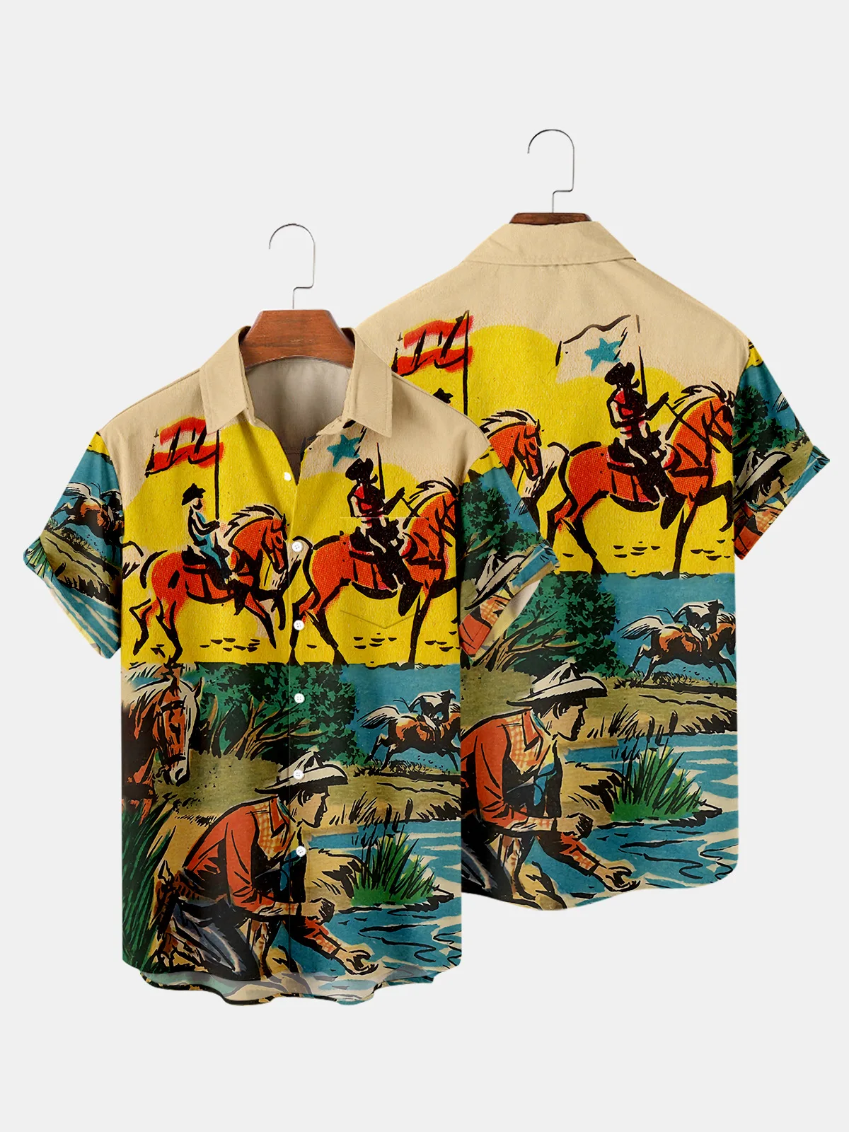 

2021 Men Short Sleeve Clothing Buttons Shirts Hawaiian Male Loose Cowboy Oil Painting Beach Shirts