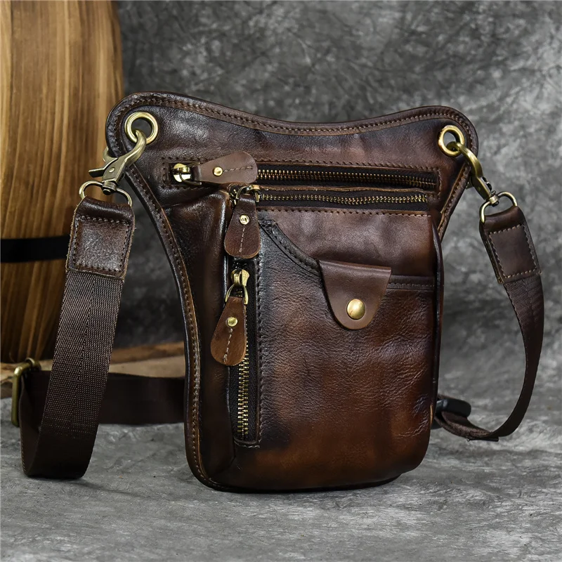 Bolsa de cintura de couro genuíno masculina, bolsa de ombro para motocicleta, mochila crossbody para quadris e pernas, cintura masculina de alta