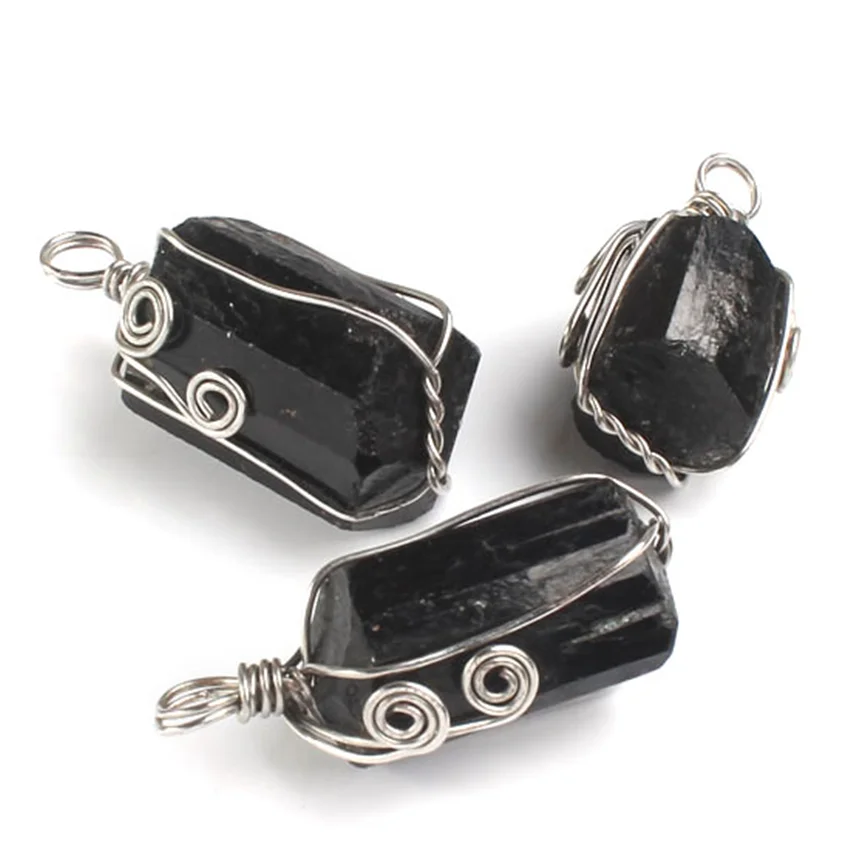 Wire Wrapped Jet Pendants For Women Necklace DIY Natural Irregular Black Tourmaline Energy Stone Pendant Man Jewelry No Chain