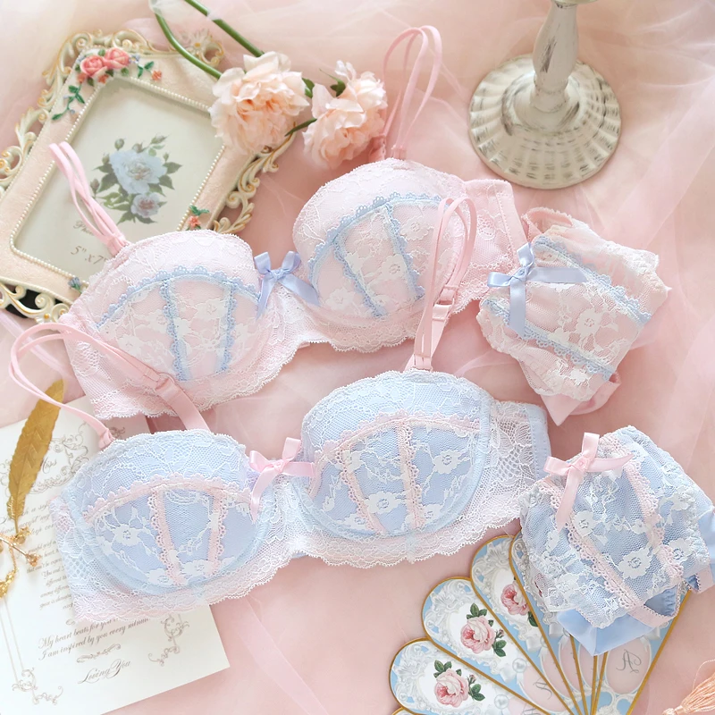 

Pink Blue Japanese Sexy Lolita Lovely Lace Trim Bow Bra & Brief Sets Women's Small Fresh Push Up Underwire Underwear Set Student