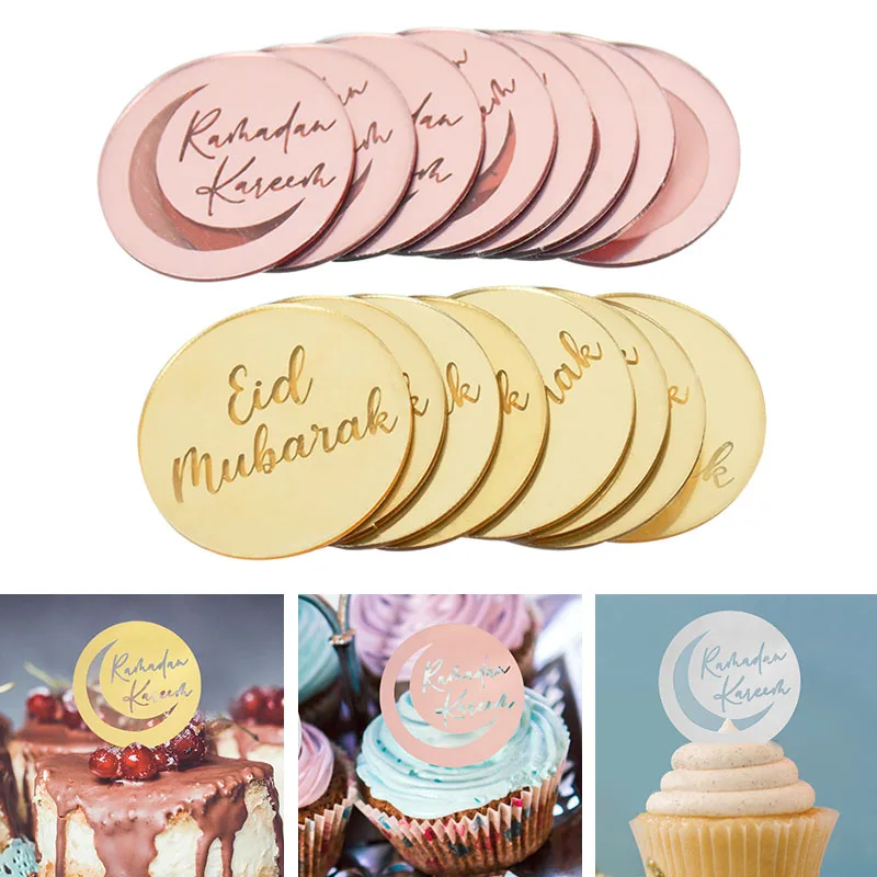 5/10pcs Eid Mubarak Acrylic Cupcake Topper Gold Ramadan Kareem Cake Topper Islamic Muslim Festival Party Cake DIY Decorations