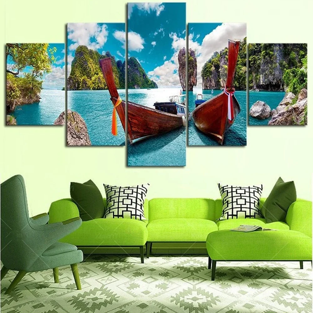 

5 Pieces Wall Art Canvas Painting Lake Landscape Poster Wooden Boat Modern Home Pictures Decoration Modular Living Room