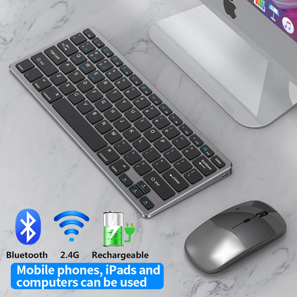 Teclado Recarregável Sem Fio e Mouse Set, Combo para Laptop, Mac, PC, Computador, Bluetooth