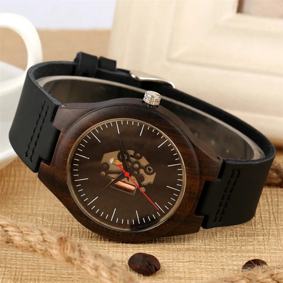 Stylish Black Wooden Watch Hollow Engraving Dial Quartz Men\'s Watch Genuine Leather Male Wrist Watch Wooden Timepiece Gift 2019