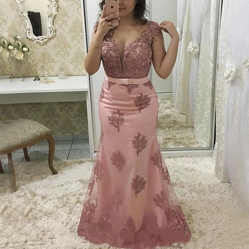 

Plus Size Mother Of The Bride Dresses Mermaid V-neck Cap Sleeves Tulle Appliques Long Groom Mother Dresses For Wedding