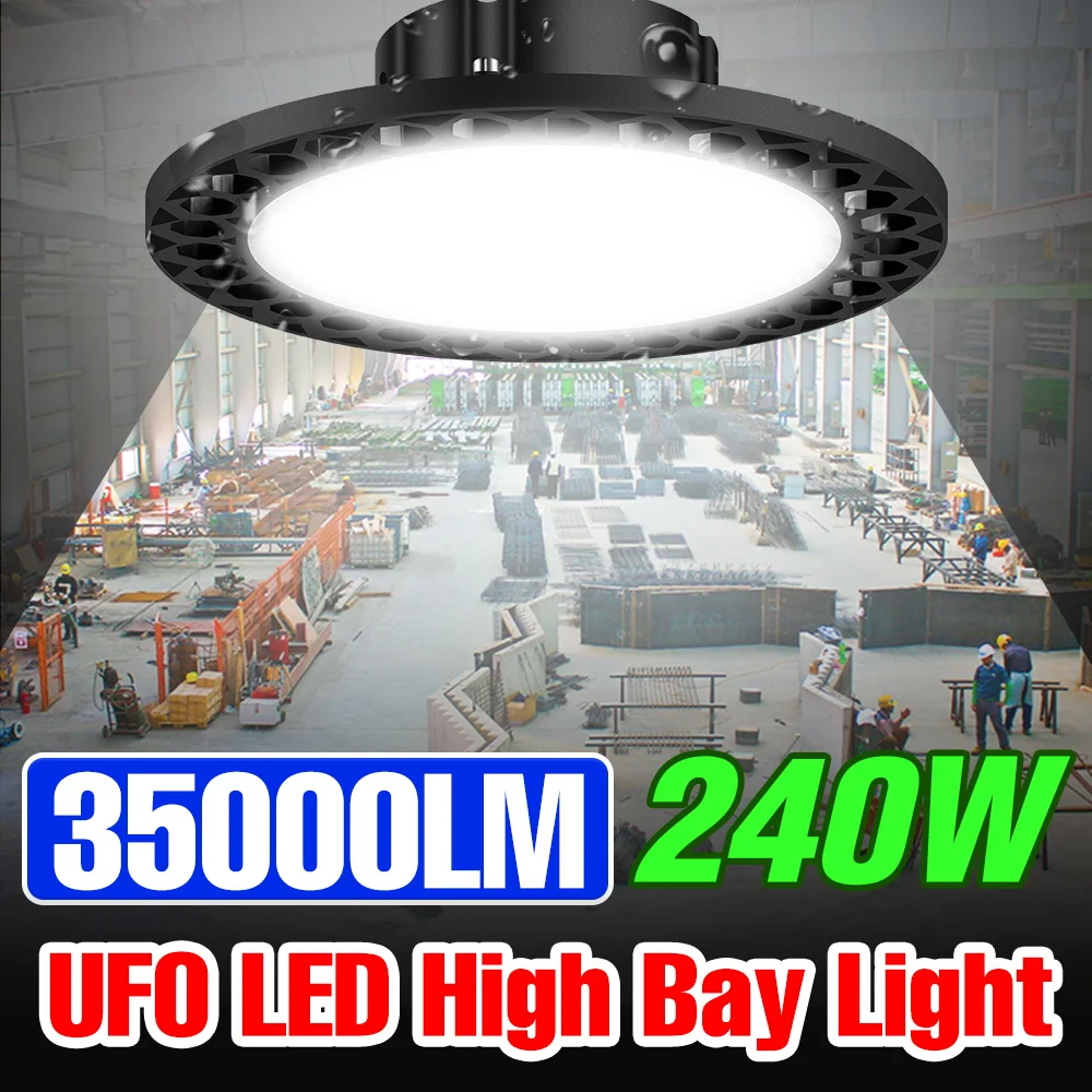 luz alta da baia 220v lampada da garagem ufo lampara led spotlight 100w 150w 200w 240w iluminacao industrial lustre para armazem 01