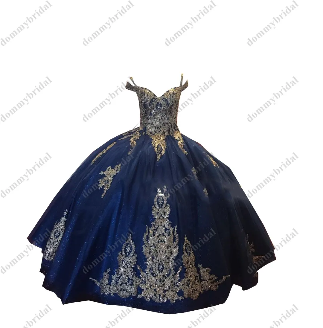 Impresionante bordado dorado vestido azul marino Boho frío hombro Quinceaenera vestidos para 15 años Charro con manga con corsé