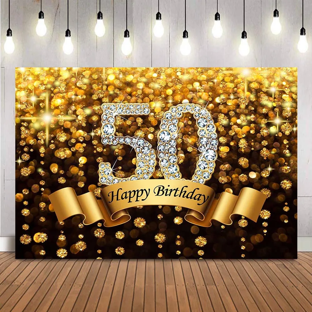 50th Birthday Gold Glitter Backdrop Bokeh Adult Portrait Photo Background Studio Customize Vinyl Cloth Photocall fifty birthday