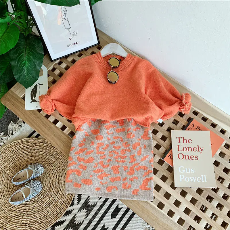 2021 Baby Girl fashion clothing set knitted sweater+leopard skirt Kids autumn Winter solft sweaters suits Children Clothes