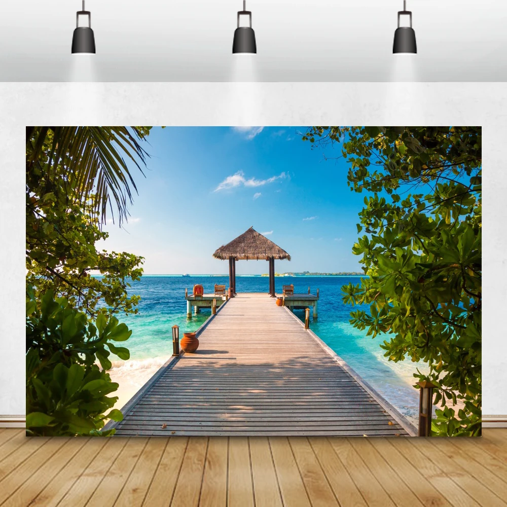 Laeacco الغيوم البحر الخشب جسر الاستوائية الصيف عطلة خلفيات للتصوير الفوتوغرافي صور خلفيات للصور استوديو فوتوزون