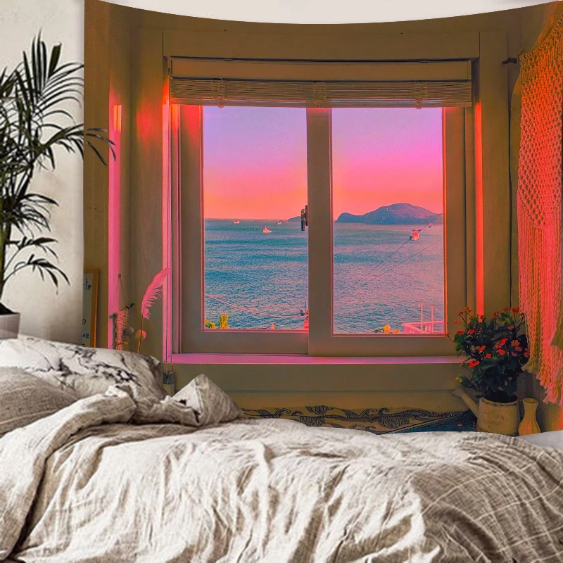 

INS Tapestry Sunset Window Hanging Wall Cloth Scenery Background Fabric Room Bedroom Bedside Decoration Pink Moon Tapestries