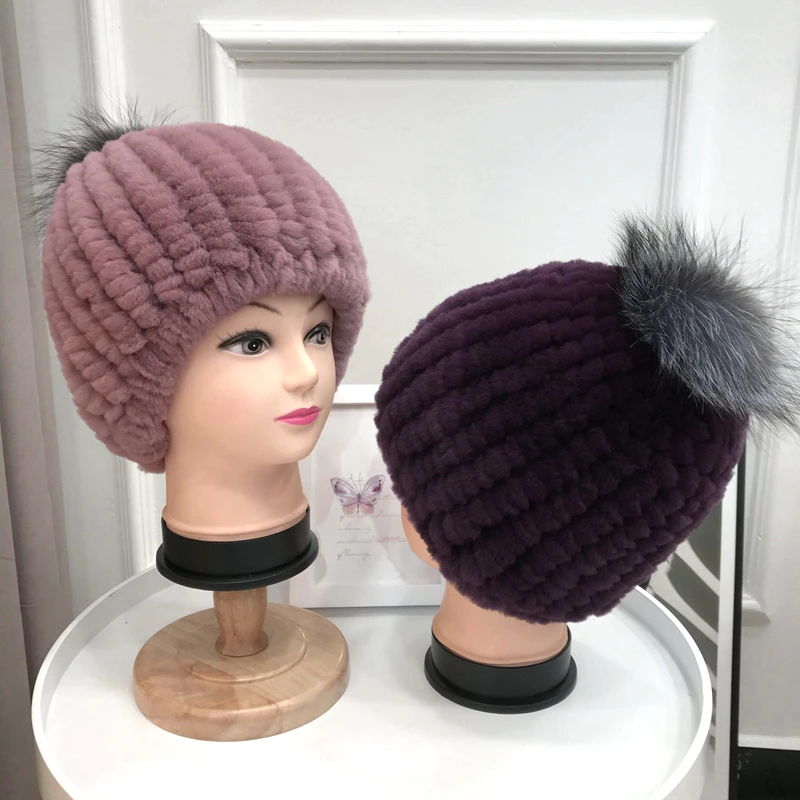 

Winter Real Rex Rabbit Fur hat for Women Knit Warm Cap with Fox Fur Ball Pompom Top Casual Women's Beanies