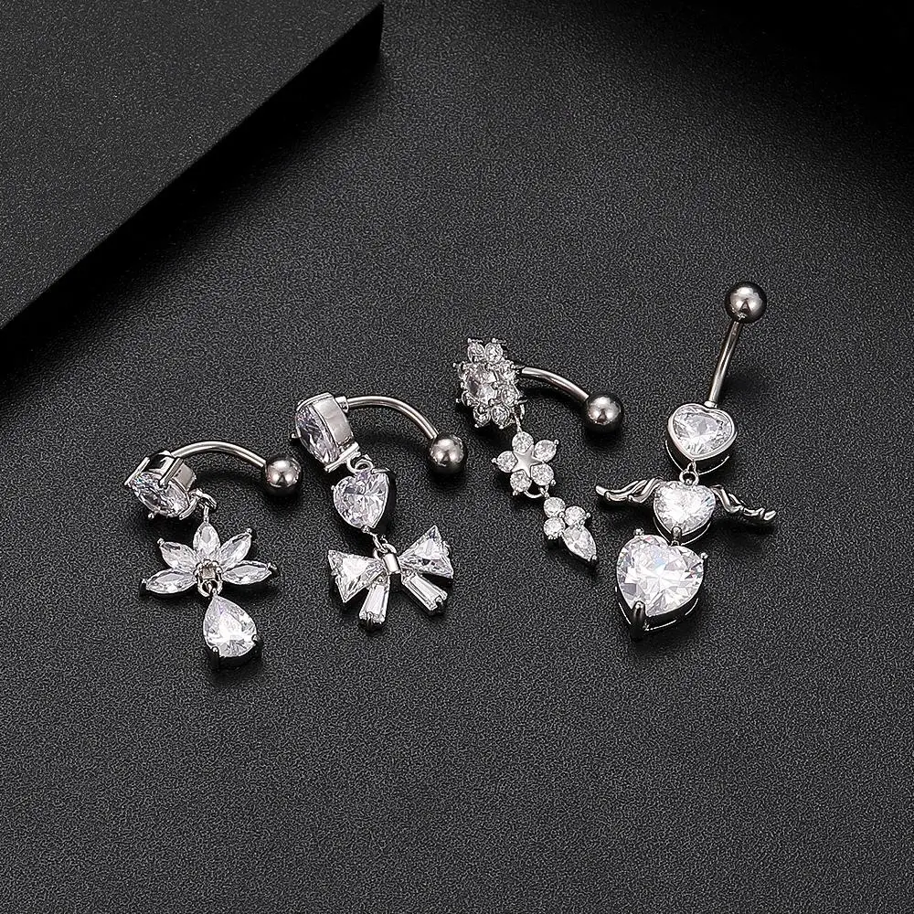 Reverse Curved 14G Belly Button Rings Dangled Heart Clear CZ Navel Rings 316L Surgical Steel Belly Piercing Barbell Body Jewelry view 4
