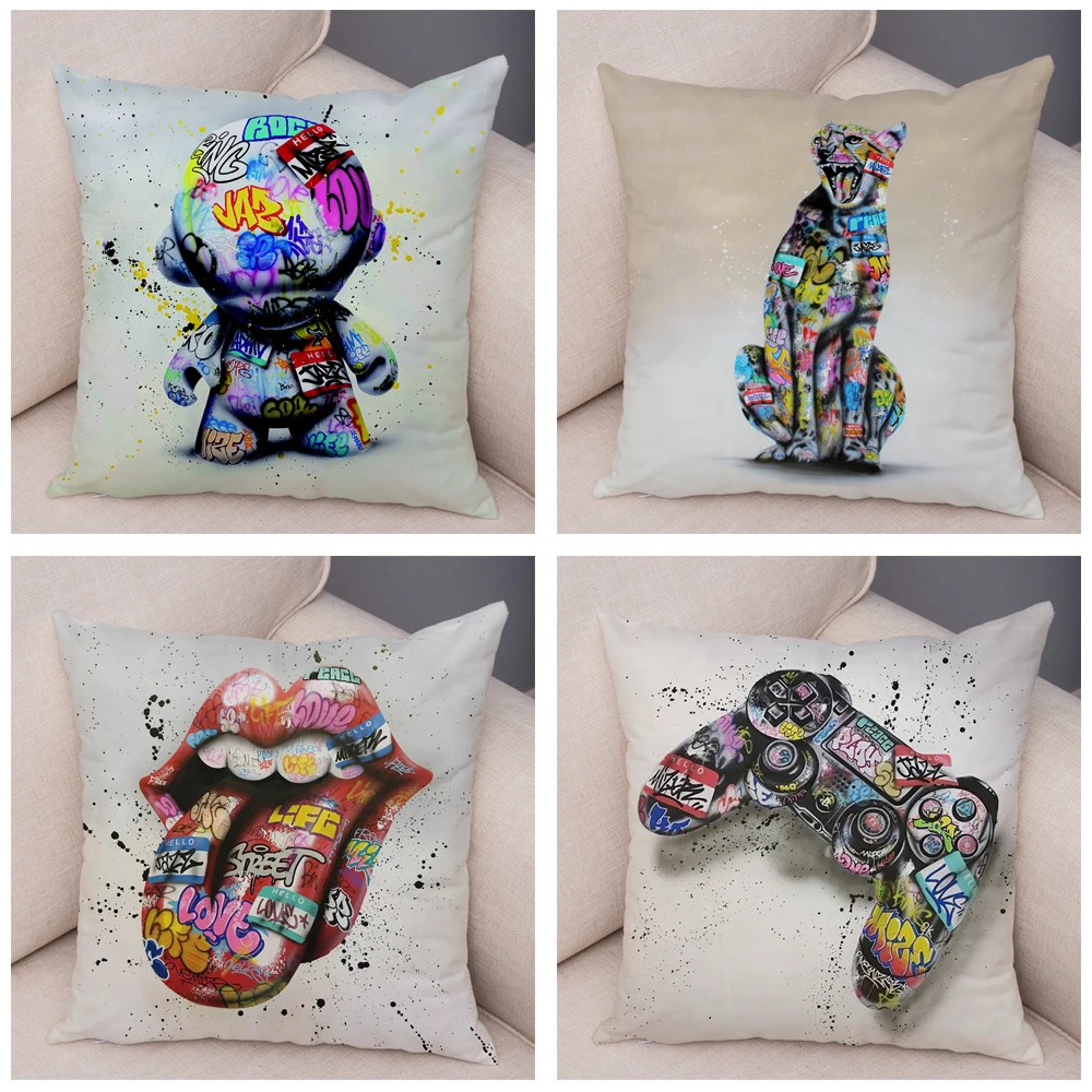 Abstract Street Art Animal Hand Cushion Cover Decor Graffiti Gamepad Pillowcase for Sofa Home Soft Plush Pillow Case 45x45cm