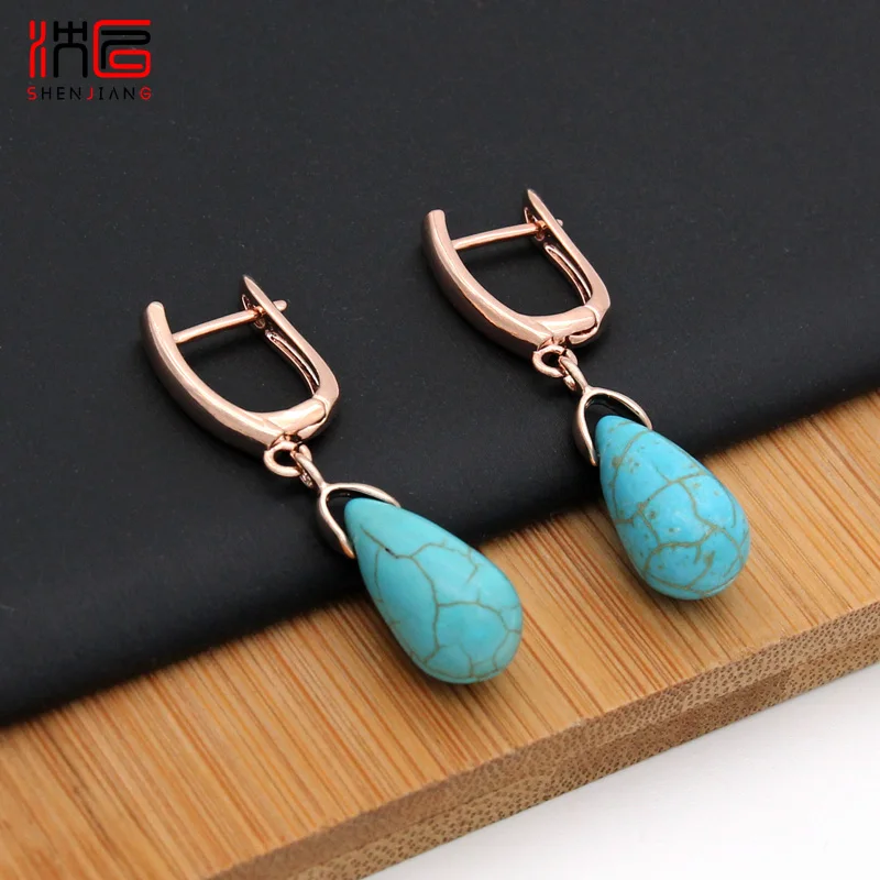 SHENJIANG New Rose Gold Color Water Drop Synthetic Turquoises Dangle Earrings Jewelry Sets For Women Wedding Fashion Necklace