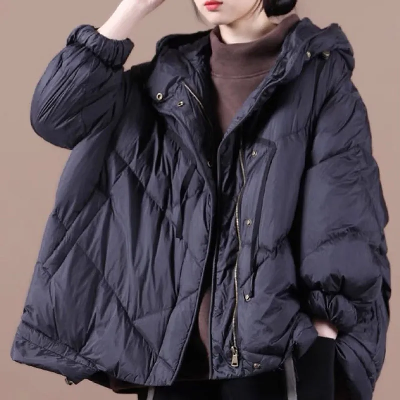 

2021 Winter New Women's Loose Literature Art Retro Stitching Drawstring White Duck Down Down Jacket For Ladies Casual Warm Coat