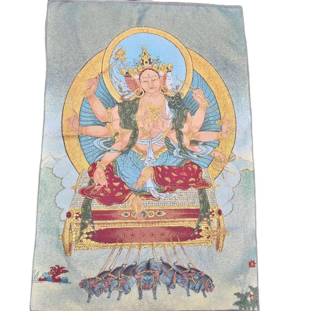 Chin Old Tibet Silk Thangka Like Hanging Painting Fengshui Tibetan Buddha Six Arm Buddha Mother