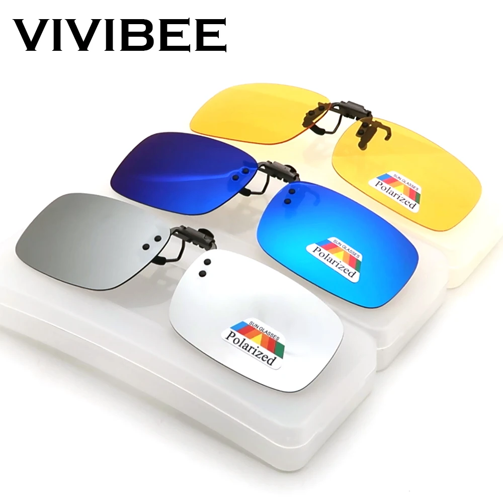 VIVIBEE Mirror Blue Flip Up Clip on Sunglasses Fishing Men Square Polarized Lens Metal Night Vision Driving UV400 Women Glasses