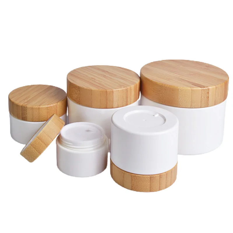 

15/30/50/100/200/250g White PP Plastic Skin Care Cream Jar Cosmetic Eye Cream Body Cream Jar Containers With Bamboo Wood Lids