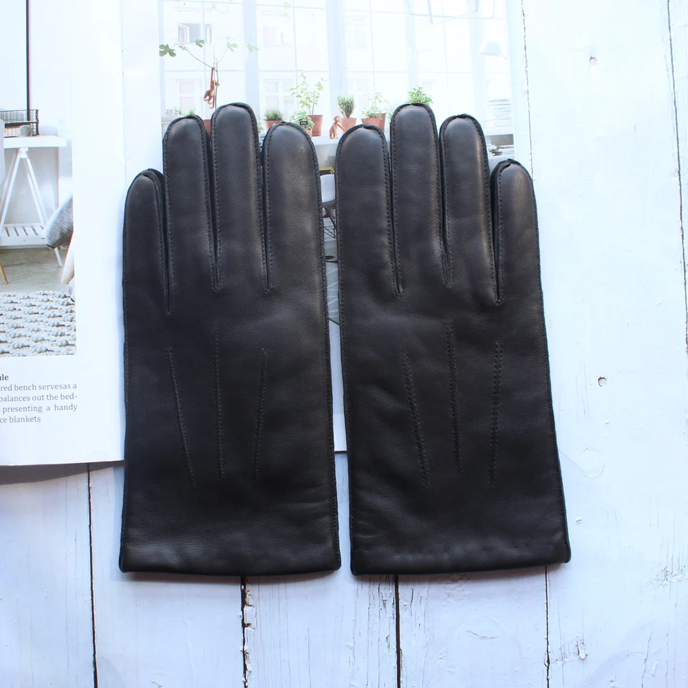 Bickmods Men‘s New Selected High-Quality Imported Sheepskin Gloves Cashmere Lining Black Fashion Genuine Leather Mittens