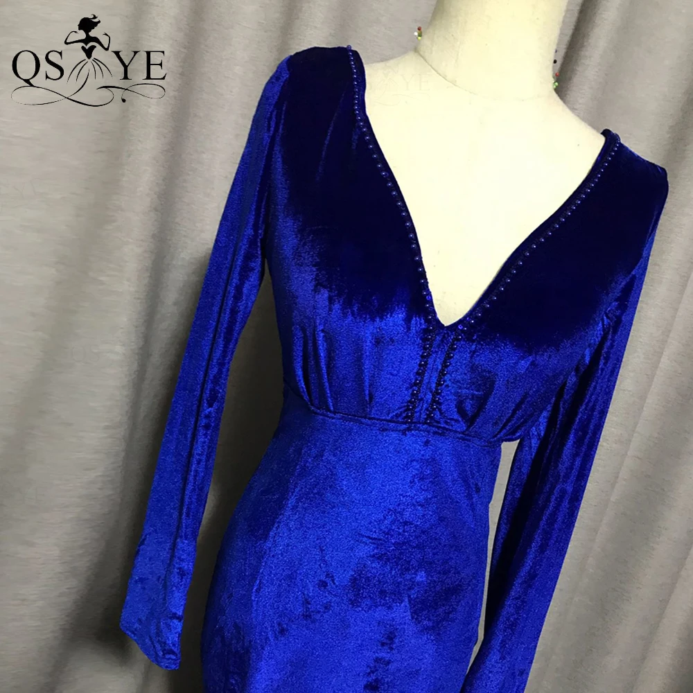 QSYYE-Vestidos de Noche de terciopelo azul real para mujer, vestido Formal de sirena elegante de manga larga, vestido de fiesta imperio Sexy con cuello en V y espalda abierta