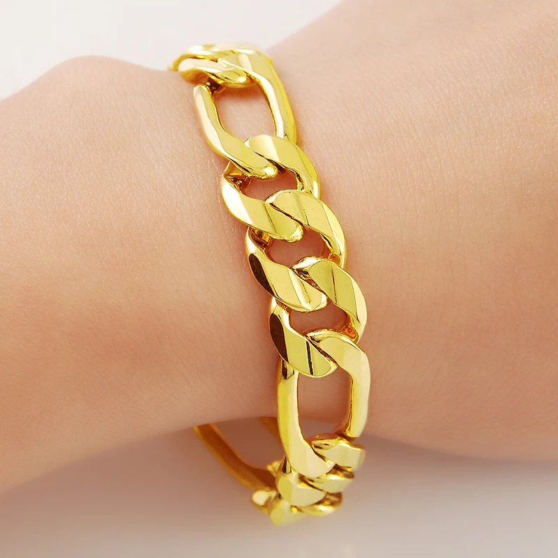 Wholesale 24k Gold GP 10MM Figaro Link Chain Bracelet for Men 22CM Long.Fashion Gold Color Men's Jewelry Gift