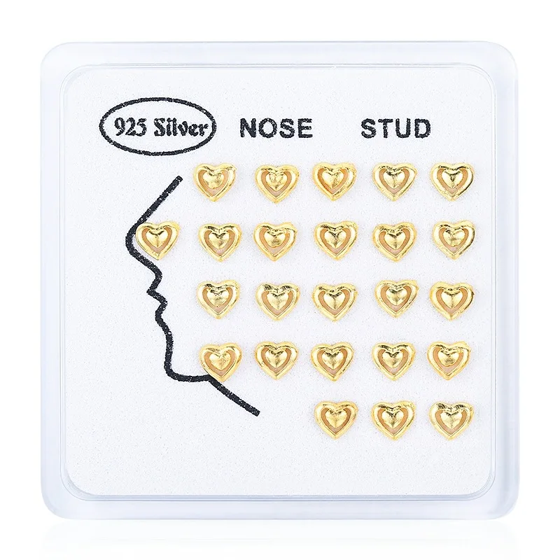 24pcs 925 Sterling Silver Vintage Love Heart Nose Studs for Women Men Hypoallergenic 22G Gold Nose Ring Piercing Body Jewelry