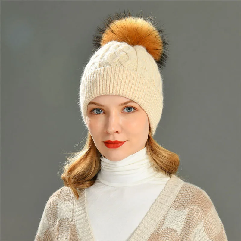 Jaxmonoy Casual Wool Beanies Hat for Women Real Raccoon Fur Pompom Cap Ladies Winter Warm Wool Blend Skullies Hats New Arrival