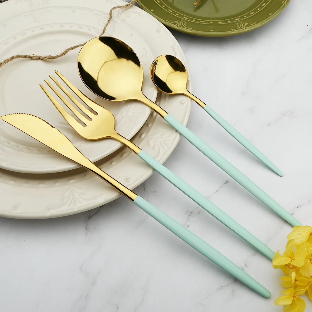 16pcs Stainless Steel Set Flatware Dinnerware Cutlery Mint Green Knives Fork Dessert Spoon Home Silverware Kitchen Tableware Set