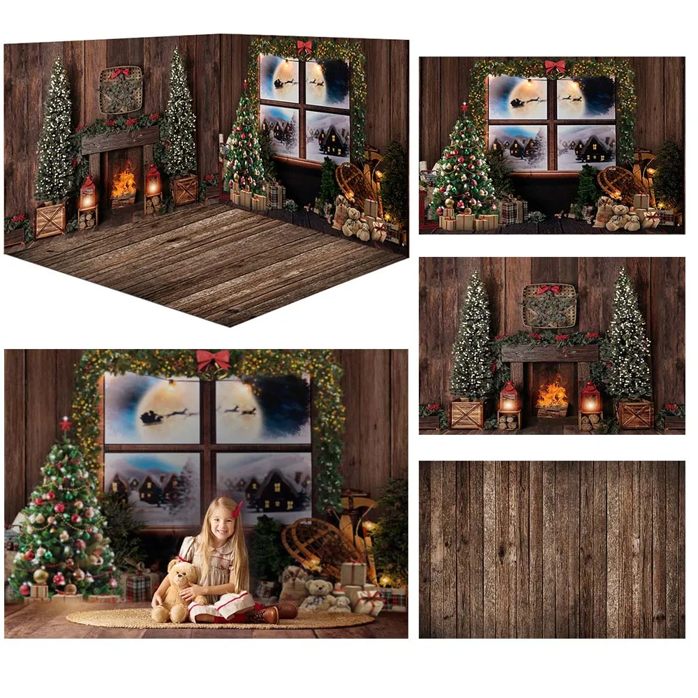 

Mocsicka Wood Christmas Backdrop Fireplace Xmas Tree Window Snow Scene Photo Background Family Portrait Photography Studio Props