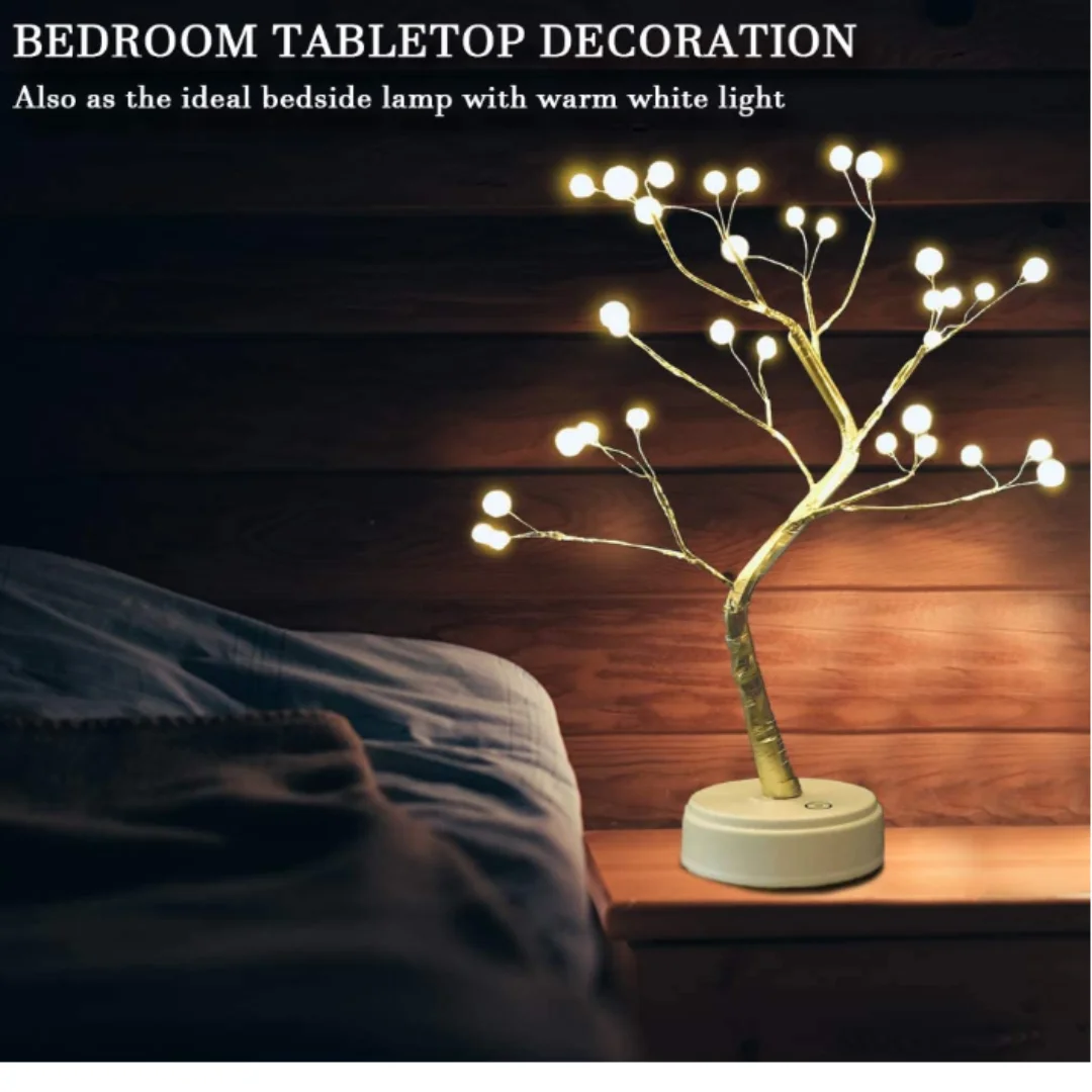 LED Tabletop Tree Lamp with 36 Pearls, DIY Artificial Tree Lamps, Christmas Room Decoration, Battery or USB Operated