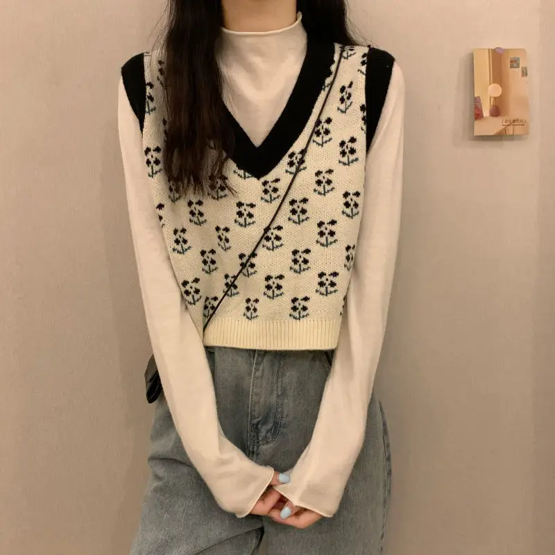 Sweater Vests Women Leisure Simple Patchwork Flower Design V-neck Sleeveless Gentle Females Retro Ulzzang Chic Streetwear Slim