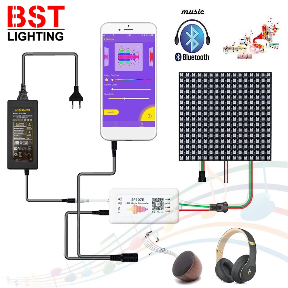 WS2812B Individually Addressable 8x8 16X16 8X32 WS2812 LED Screen Panel With SP107E Music Controller DC5V Transformer Kit