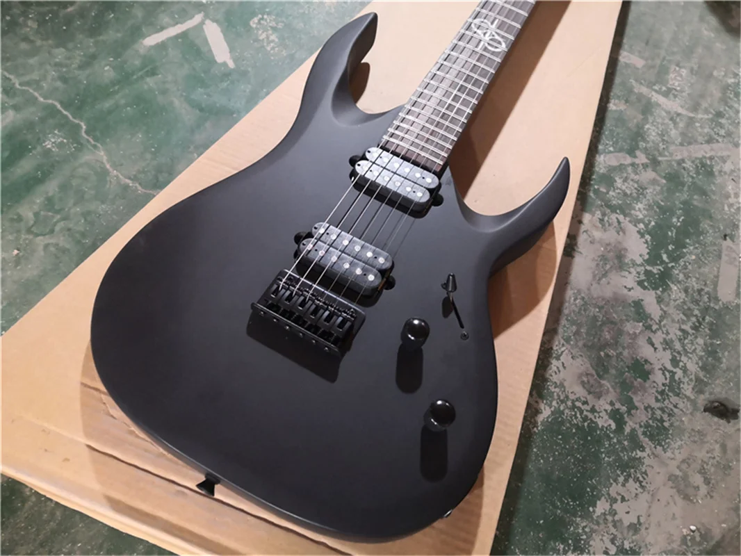 free shipping Custom 6 string guitar,matte black basswood body,shell inlay,fixed bridge,HH pickups,neck set in body