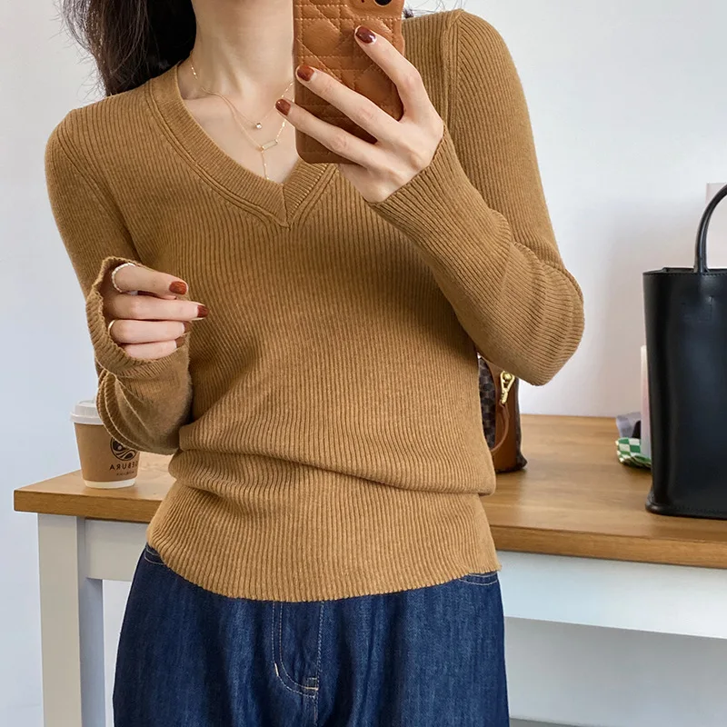 Yl906 Autumn New Women Knitted Sweater Basic Slim Fit Soft V-Neck Fashion Urban Daily Home 8 Colors Simple Long Sleeve Knitwear