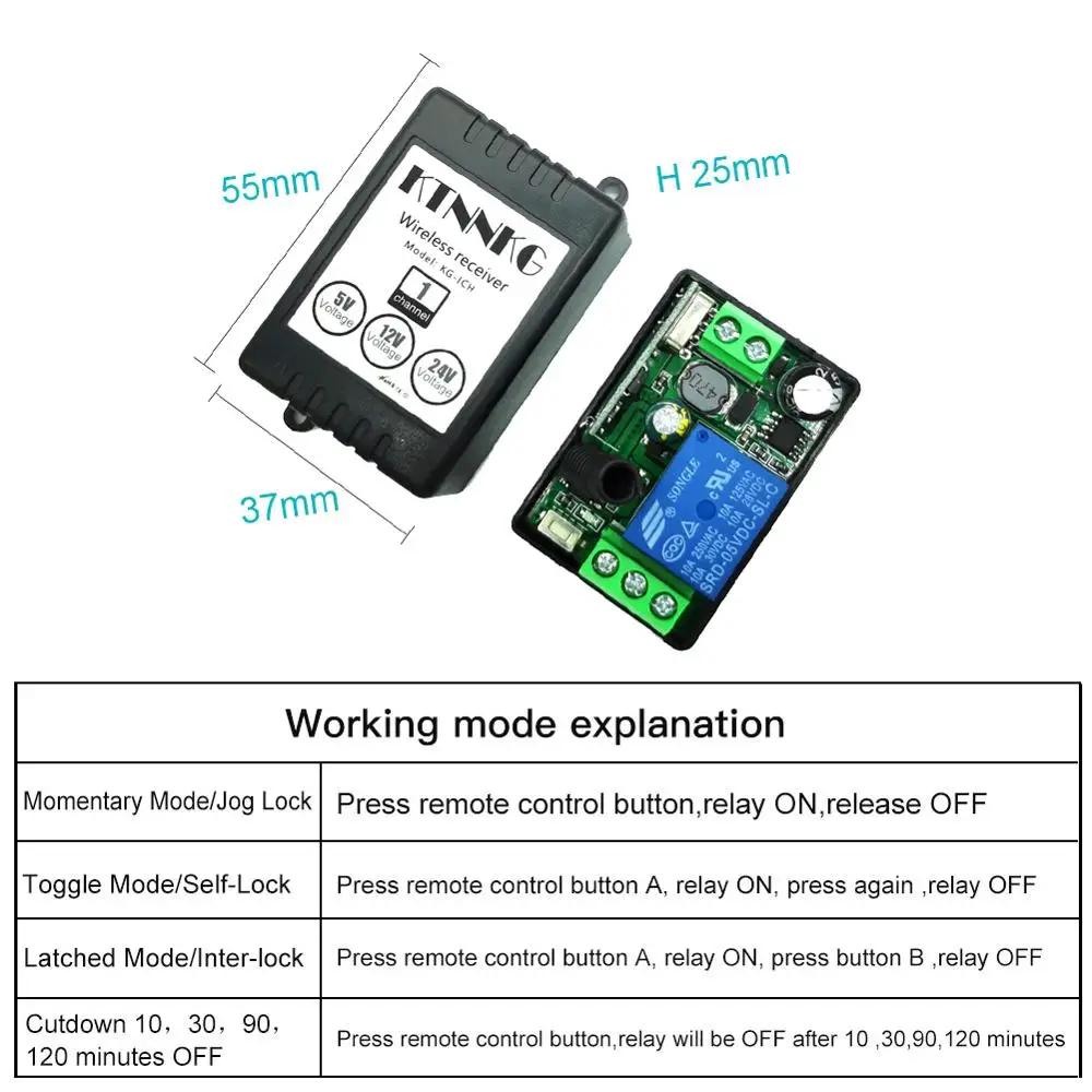 Wireless Universal Remote Control Switch DC5V 12V 24V 1CH rf Relay Receiver and Transmitter for Garage and Gate Controller