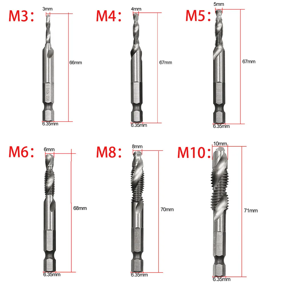 Filo M3 M4 M5 M6 M8 M10 Vite Tap Drill Bit HSS Rubinetti Svasatura Sbavare Metrica In Acciaio Ad Alta Velocità 1/4 IN Cambio Rapido Hex Shank