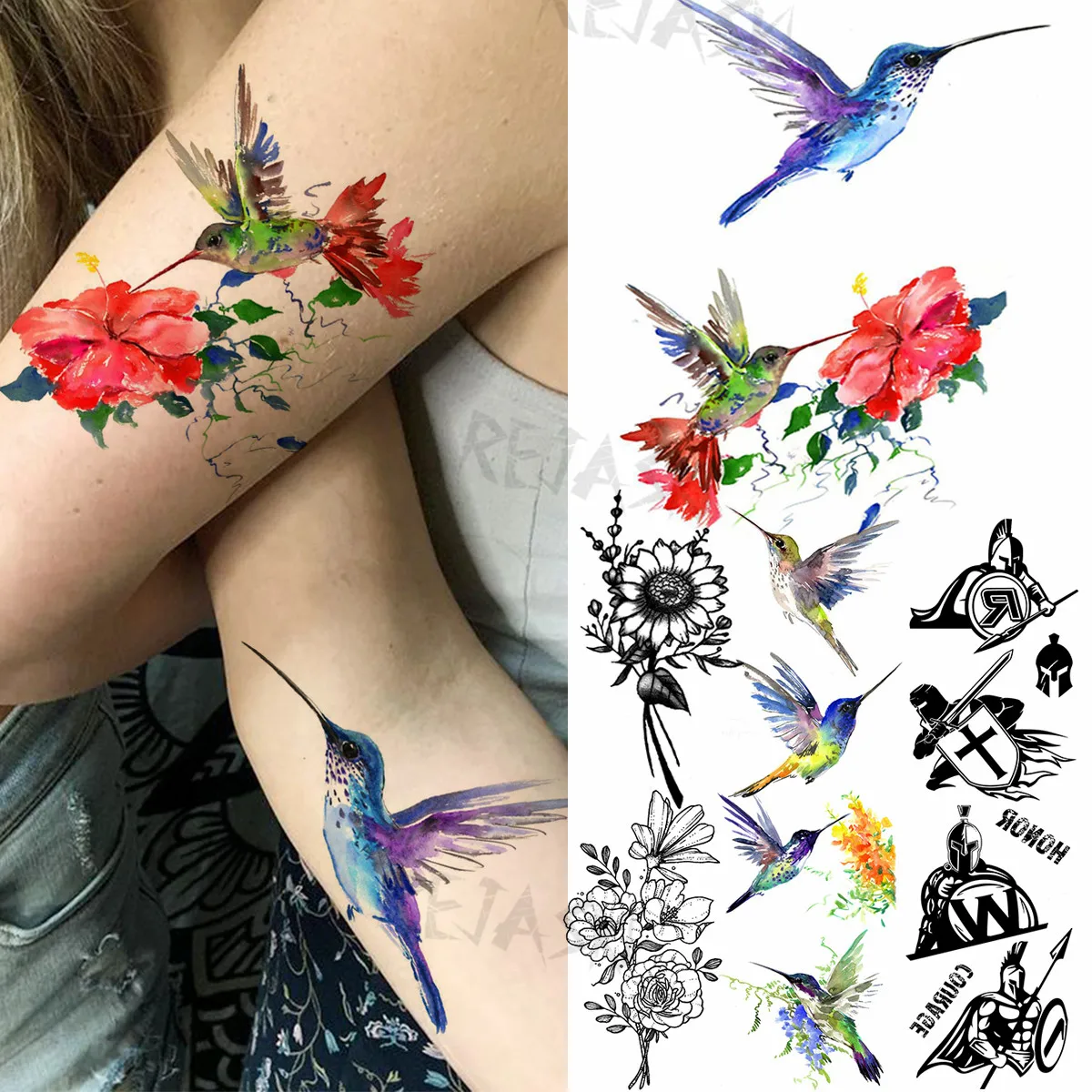 Tatouages Temporaires de Fleur de Colibri pour Femme, Fille, Tournesol Rose Spartiate, Faux Tatouage, Art Corporel Imperméable, Peinture, Autocollant